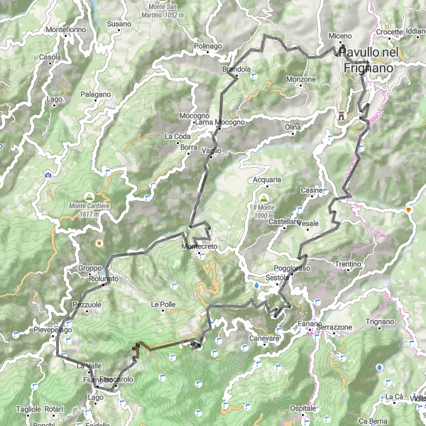 Map miniature of "The Frignano Challenge" cycling inspiration in Emilia-Romagna, Italy. Generated by Tarmacs.app cycling route planner