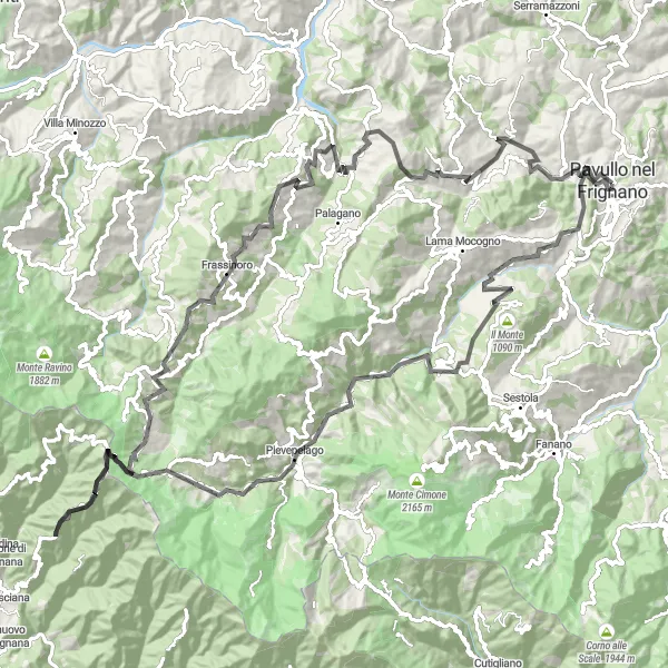 Kartminiatyr av "Pavullo nel Frignano - Passo delle Radici Loop" sykkelinspirasjon i Emilia-Romagna, Italy. Generert av Tarmacs.app sykkelrutoplanlegger