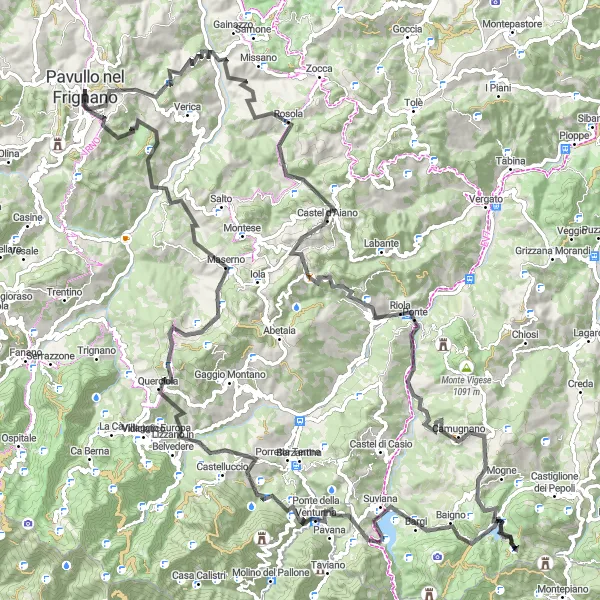 Miniatua del mapa de inspiración ciclista "Ruta de Carretera a Pavullo nel Frignano" en Emilia-Romagna, Italy. Generado por Tarmacs.app planificador de rutas ciclistas