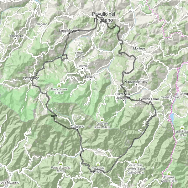 Karttaminiaatyyri "Ympyräreitti Pavullo nel Frignanon lähellä - Maantiepyöräily" pyöräilyinspiraatiosta alueella Emilia-Romagna, Italy. Luotu Tarmacs.app pyöräilyreittisuunnittelijalla