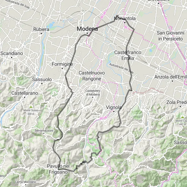 Miniatura della mappa di ispirazione al ciclismo "Pedalata panoramica da Pavullo a Modena" nella regione di Emilia-Romagna, Italy. Generata da Tarmacs.app, pianificatore di rotte ciclistiche