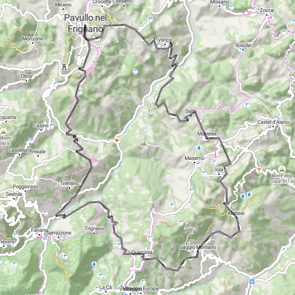 Mapa miniatúra "Výlet na Montese a Monte Castello" cyklistická inšpirácia v Emilia-Romagna, Italy. Vygenerované cyklistickým plánovačom trás Tarmacs.app