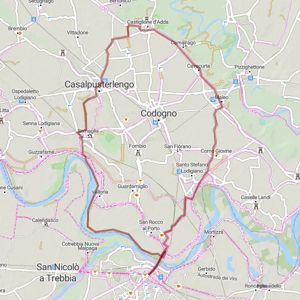 Miniaturní mapa "Gravelový výlet kolem Piacenzy" inspirace pro cyklisty v oblasti Emilia-Romagna, Italy. Vytvořeno pomocí plánovače tras Tarmacs.app