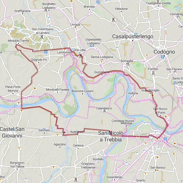 Mapa miniatúra "Gravelová cyklotúra po okolí Piacenzy 70 km" cyklistická inšpirácia v Emilia-Romagna, Italy. Vygenerované cyklistickým plánovačom trás Tarmacs.app