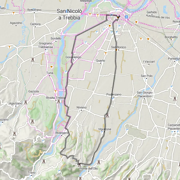 Map miniature of "Piacenza to Piacenza Looping Road Route" cycling inspiration in Emilia-Romagna, Italy. Generated by Tarmacs.app cycling route planner