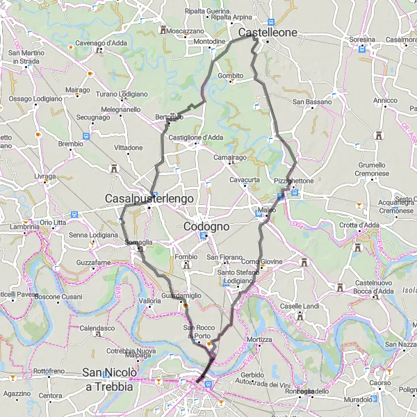 Kartminiatyr av "Rundtur till Somaglia" cykelinspiration i Emilia-Romagna, Italy. Genererad av Tarmacs.app cykelruttplanerare