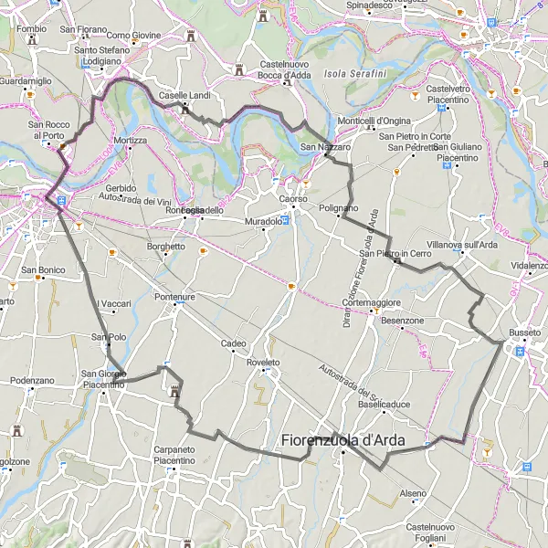 Miniature de la carte de l'inspiration cycliste "Tour à vélo de route pittoresque autour de Piacenza" dans la Emilia-Romagna, Italy. Générée par le planificateur d'itinéraire cycliste Tarmacs.app