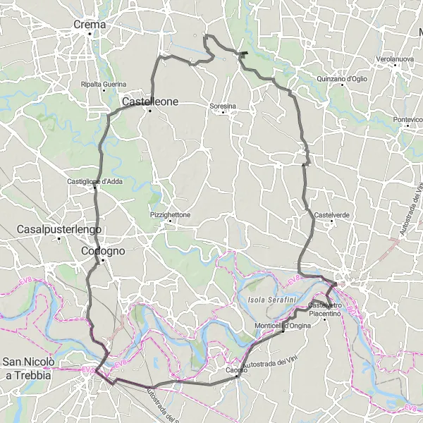 Zemljevid v pomanjšavi "Dolg ciklus vzdolž reke Po" kolesarske inspiracije v Emilia-Romagna, Italy. Generirano z načrtovalcem kolesarskih poti Tarmacs.app