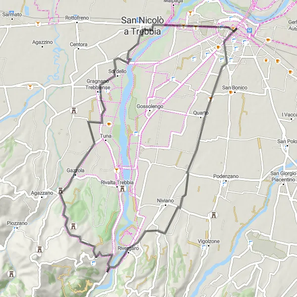 Miniaturní mapa "Cyklotrasa Piacenza - Palazzo Gotico - Rivergaro - Gazzola - San Antonio a Trebbia" inspirace pro cyklisty v oblasti Emilia-Romagna, Italy. Vytvořeno pomocí plánovače tras Tarmacs.app