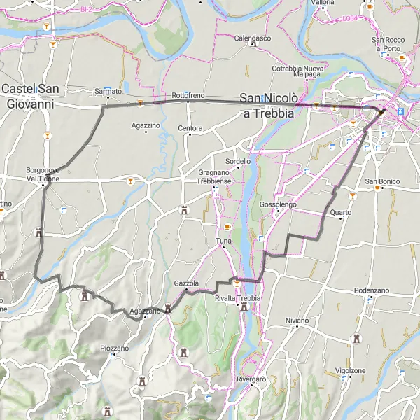 Zemljevid v pomanjšavi "Kolesarjenje do Castello di Borgonovo Val Tidone" kolesarske inspiracije v Emilia-Romagna, Italy. Generirano z načrtovalcem kolesarskih poti Tarmacs.app