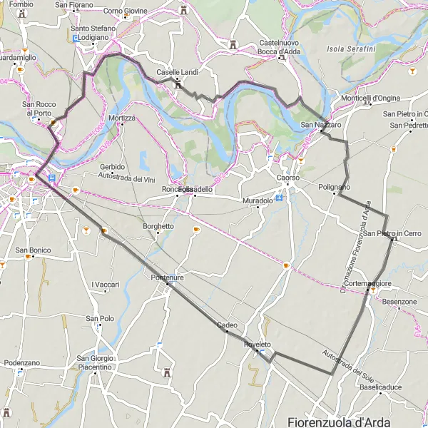 Zemljevid v pomanjšavi "Kolesarska pot do Castello Landi" kolesarske inspiracije v Emilia-Romagna, Italy. Generirano z načrtovalcem kolesarskih poti Tarmacs.app