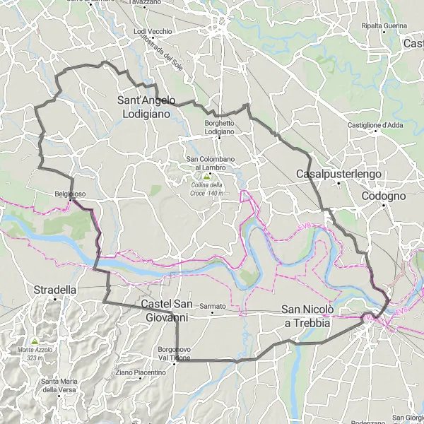 Miniatua del mapa de inspiración ciclista "Paseo en carretera a Castel San Giovanni" en Emilia-Romagna, Italy. Generado por Tarmacs.app planificador de rutas ciclistas