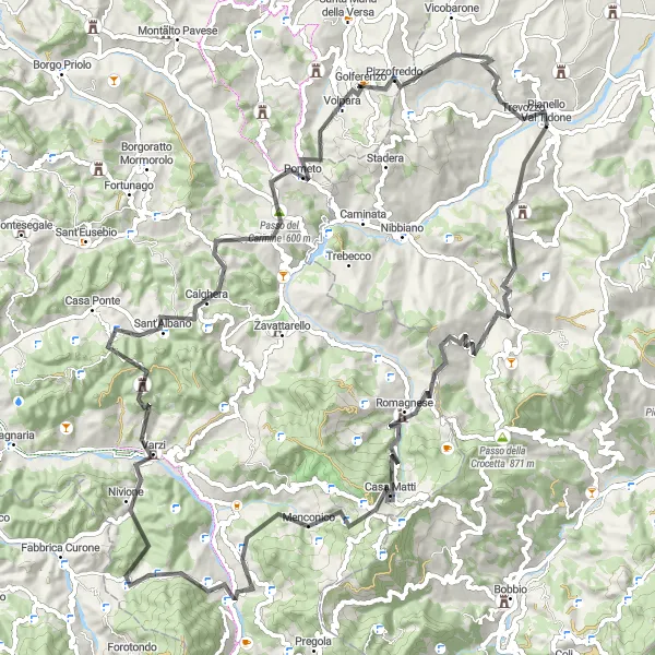 Miniatua del mapa de inspiración ciclista "Vuelta a Monte Aldone y Passo del Penice" en Emilia-Romagna, Italy. Generado por Tarmacs.app planificador de rutas ciclistas
