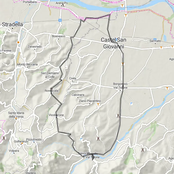 Miniatua del mapa de inspiración ciclista "Ruta Escénica a Borgonovo Val Tidone y Castel San Giovanni" en Emilia-Romagna, Italy. Generado por Tarmacs.app planificador de rutas ciclistas