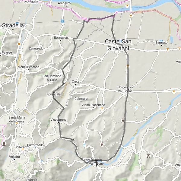 Map miniature of "Pianello Val Tidone - San Damiano al Colle - Castel San Giovanni - Borgonovo Val Tidone" cycling inspiration in Emilia-Romagna, Italy. Generated by Tarmacs.app cycling route planner