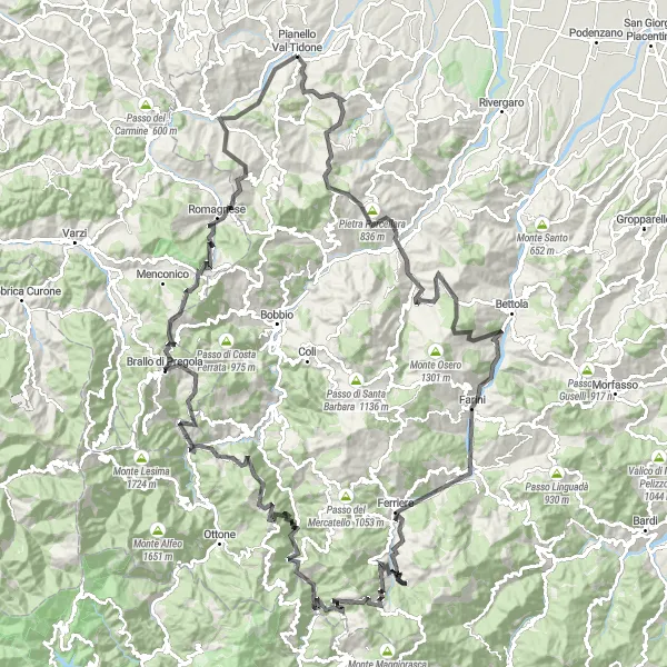 Map miniature of "Pianello Val Tidone - Case Gazzoli - Passo della Caldarola - Passo del Cerro - Farini - Monte Chiappone - Ferriere - Colla di Gambaro - Monte Crociglia - Castagnola - Passo di Selva - Cerignale - Brallo di Pregola - Passo del Penice - Romagnese - Monte Bono" cycling inspiration in Emilia-Romagna, Italy. Generated by Tarmacs.app cycling route planner