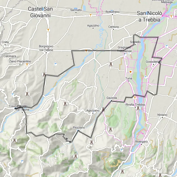 Miniaturní mapa "Cyklotrasa okolo Pianello Val Tidone" inspirace pro cyklisty v oblasti Emilia-Romagna, Italy. Vytvořeno pomocí plánovače tras Tarmacs.app