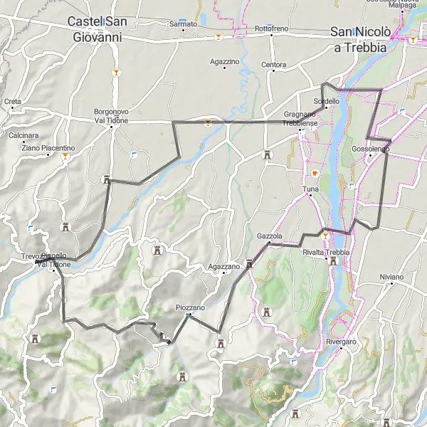 Kartminiatyr av "Landsbygdens charm och naturens skönhet" cykelinspiration i Emilia-Romagna, Italy. Genererad av Tarmacs.app cykelruttplanerare