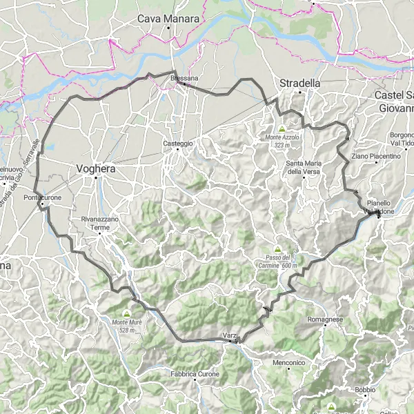 Zemljevid v pomanjšavi "Pianello Val Tidone - Monte Oriolo Loop" kolesarske inspiracije v Emilia-Romagna, Italy. Generirano z načrtovalcem kolesarskih poti Tarmacs.app