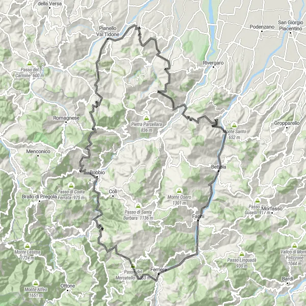 Miniatua del mapa de inspiración ciclista "Recorrido desafiante por carretera con paisajes espectaculares desde Pianello Val Tidone" en Emilia-Romagna, Italy. Generado por Tarmacs.app planificador de rutas ciclistas