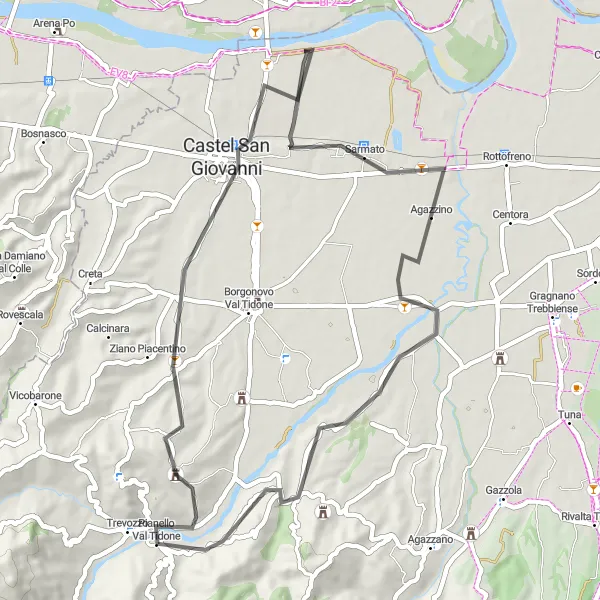 Zemljevid v pomanjšavi "Pianello Val Tidone - La Bazzarina Excursion" kolesarske inspiracije v Emilia-Romagna, Italy. Generirano z načrtovalcem kolesarskih poti Tarmacs.app