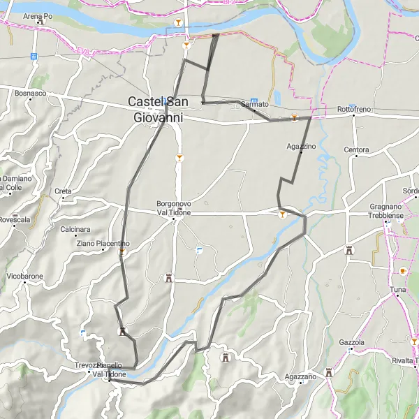 Map miniature of "Pianello - Castel San Giovanni" cycling inspiration in Emilia-Romagna, Italy. Generated by Tarmacs.app cycling route planner