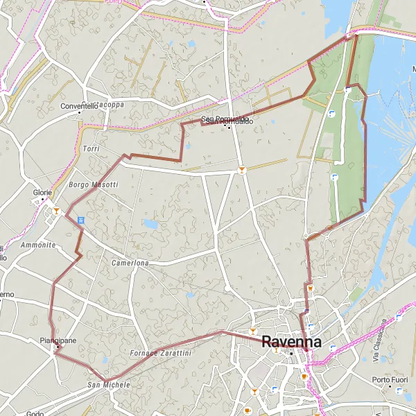 Miniatua del mapa de inspiración ciclista "Ruta de ciclismo de grava desde Piangipane" en Emilia-Romagna, Italy. Generado por Tarmacs.app planificador de rutas ciclistas