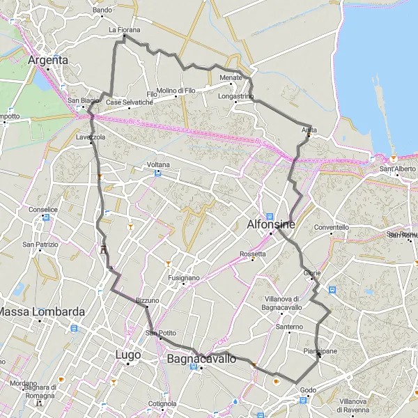 Miniaturní mapa "Okruh od Piangipane" inspirace pro cyklisty v oblasti Emilia-Romagna, Italy. Vytvořeno pomocí plánovače tras Tarmacs.app