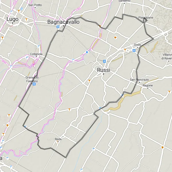 Miniaturní mapa "Cyklistická trasa Granarolo Faentino" inspirace pro cyklisty v oblasti Emilia-Romagna, Italy. Vytvořeno pomocí plánovače tras Tarmacs.app