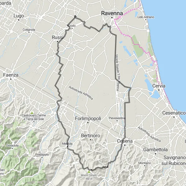 Miniature de la carte de l'inspiration cycliste "Tour à vélo vers Monte Cavallo et Rocca di Ravaldino" dans la Emilia-Romagna, Italy. Générée par le planificateur d'itinéraire cycliste Tarmacs.app