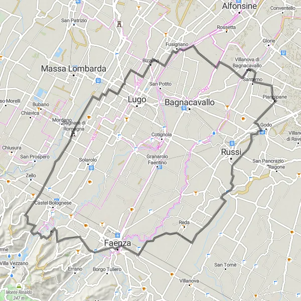 Map miniature of "Faenza and Beyond" cycling inspiration in Emilia-Romagna, Italy. Generated by Tarmacs.app cycling route planner