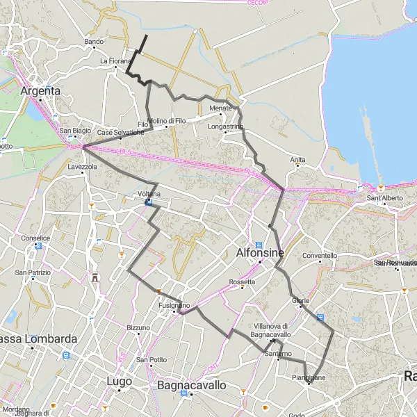 Miniaturní mapa "Trasa Menate a Mezzano" inspirace pro cyklisty v oblasti Emilia-Romagna, Italy. Vytvořeno pomocí plánovače tras Tarmacs.app