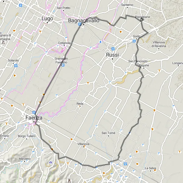Miniature de la carte de l'inspiration cycliste "Parcours Vélo de Route vers Faenza" dans la Emilia-Romagna, Italy. Générée par le planificateur d'itinéraire cycliste Tarmacs.app