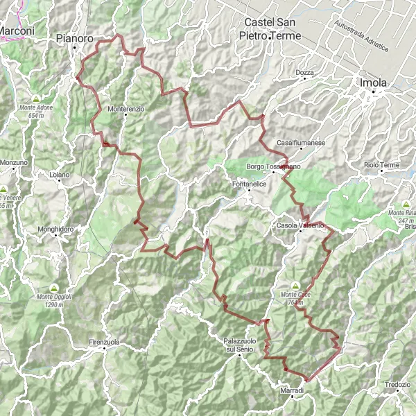 Miniaturní mapa "Trasa po štěrkových silnicích okolo Pianora" inspirace pro cyklisty v oblasti Emilia-Romagna, Italy. Vytvořeno pomocí plánovače tras Tarmacs.app