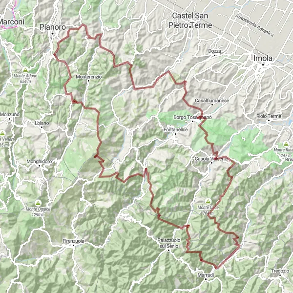 Miniatura della mappa di ispirazione al ciclismo "Avventura in Gravel: Alla scoperta di Monti e Borghi" nella regione di Emilia-Romagna, Italy. Generata da Tarmacs.app, pianificatore di rotte ciclistiche