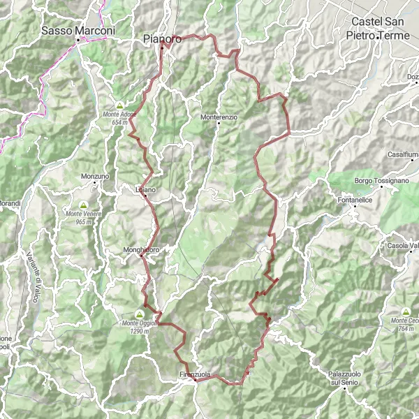 Miniaturní mapa "Gravel dobrodružství kolem Pianora" inspirace pro cyklisty v oblasti Emilia-Romagna, Italy. Vytvořeno pomocí plánovače tras Tarmacs.app