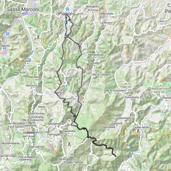 Kartminiatyr av "Pianoro till Monte Bastia" cykelinspiration i Emilia-Romagna, Italy. Genererad av Tarmacs.app cykelruttplanerare