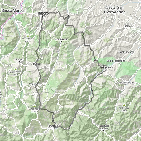 Miniatua del mapa de inspiración ciclista "Ruta en Carretera de Pianoro a Loiano" en Emilia-Romagna, Italy. Generado por Tarmacs.app planificador de rutas ciclistas