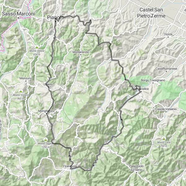 Miniatura della mappa di ispirazione al ciclismo "Alla scoperta di Firenzuola e dintorni" nella regione di Emilia-Romagna, Italy. Generata da Tarmacs.app, pianificatore di rotte ciclistiche