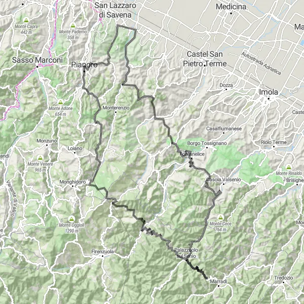 Map miniature of "The Peaks of Emilia" cycling inspiration in Emilia-Romagna, Italy. Generated by Tarmacs.app cycling route planner