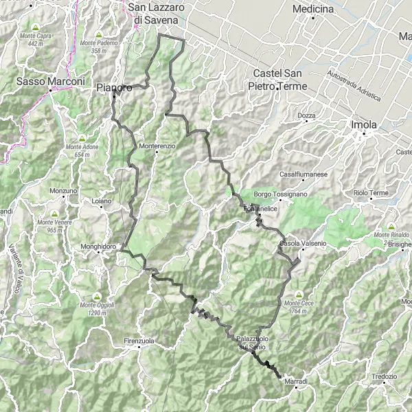 Miniatuurkaart van de fietsinspiratie "Avontuurlijke tocht naar Palazzuolo sul Senio" in Emilia-Romagna, Italy. Gemaakt door de Tarmacs.app fietsrouteplanner