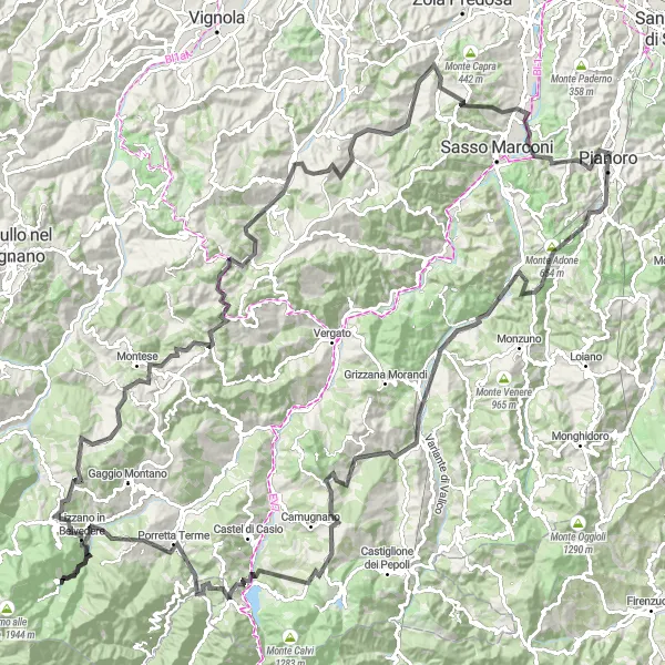 Miniatura della mappa di ispirazione al ciclismo "Giro in Bici su Strada tra Brento e Pianoro" nella regione di Emilia-Romagna, Italy. Generata da Tarmacs.app, pianificatore di rotte ciclistiche