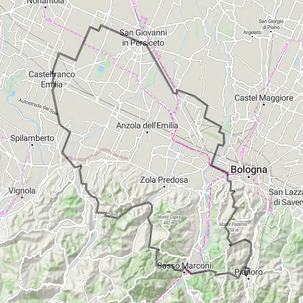 Map miniature of "Scenic Road Tour near Pianoro" cycling inspiration in Emilia-Romagna, Italy. Generated by Tarmacs.app cycling route planner
