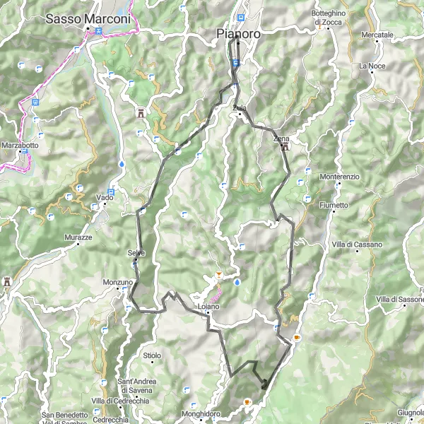 Map miniature of "The Breathtaking Hills of Pianoro" cycling inspiration in Emilia-Romagna, Italy. Generated by Tarmacs.app cycling route planner