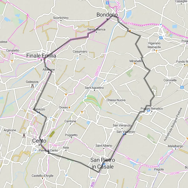 Karten-Miniaturansicht der Radinspiration "Malerische Radtour von Pieve di Cento nach Finale Emilia" in Emilia-Romagna, Italy. Erstellt vom Tarmacs.app-Routenplaner für Radtouren