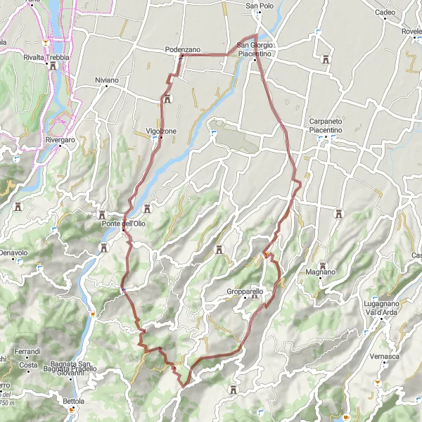 Miniature de la carte de l'inspiration cycliste "Aventure gravel de Podenzano à Maiano" dans la Emilia-Romagna, Italy. Générée par le planificateur d'itinéraire cycliste Tarmacs.app