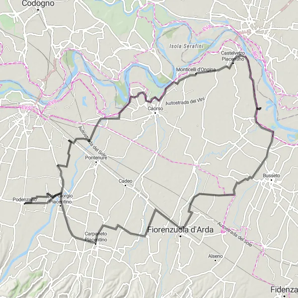 Miniaturní mapa "Cyklistická trasa od Podenzana" inspirace pro cyklisty v oblasti Emilia-Romagna, Italy. Vytvořeno pomocí plánovače tras Tarmacs.app