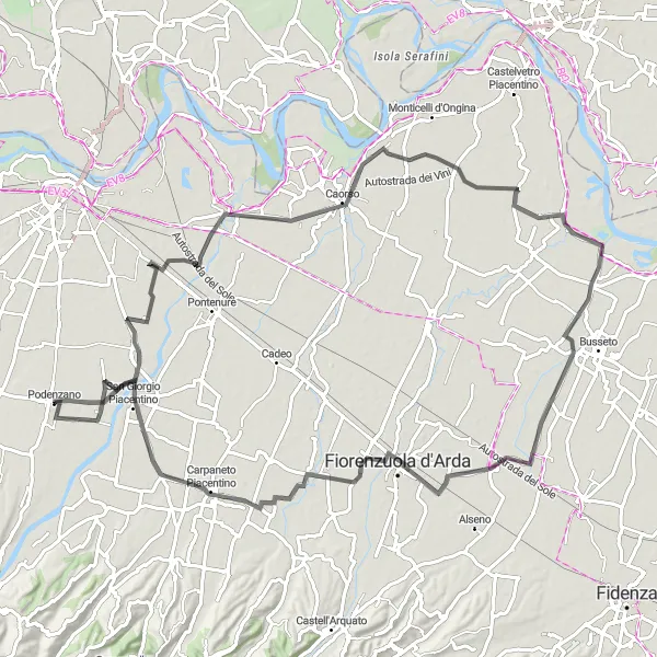 Miniatua del mapa de inspiración ciclista "Podenzano - Soarza - Chiaravalle della Colomba - Altoè" en Emilia-Romagna, Italy. Generado por Tarmacs.app planificador de rutas ciclistas
