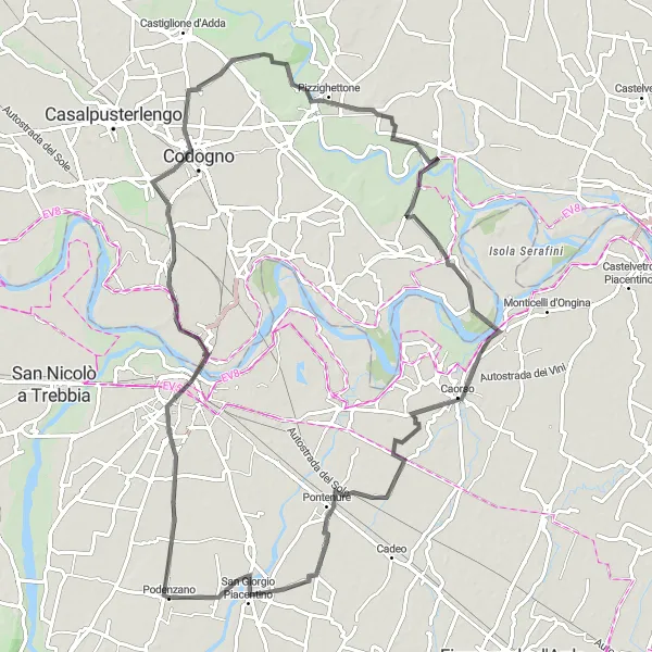 Miniatura della mappa di ispirazione al ciclismo "Percorso in bicicletta tra Piacenza e Castelnuovo Bocca d'Adda" nella regione di Emilia-Romagna, Italy. Generata da Tarmacs.app, pianificatore di rotte ciclistiche