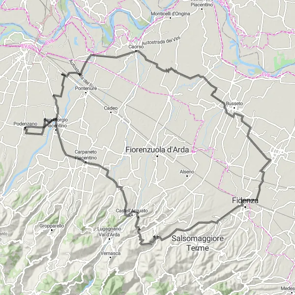 Miniatua del mapa de inspiración ciclista "Ruta de los Colinas de Piacenza" en Emilia-Romagna, Italy. Generado por Tarmacs.app planificador de rutas ciclistas